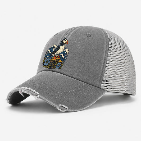 Causeway Coast Puffin And Flax Flowers Uk Culture Heritage Washed Trucker Hat – Grey