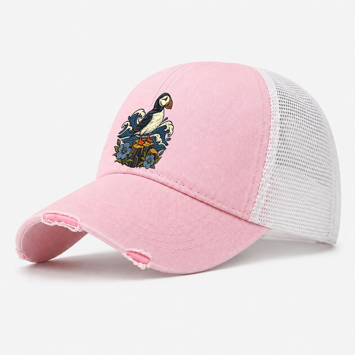 Causeway Coast Puffin And Flax Flowers Uk Culture Heritage Washed Trucker Hat – Light Pink