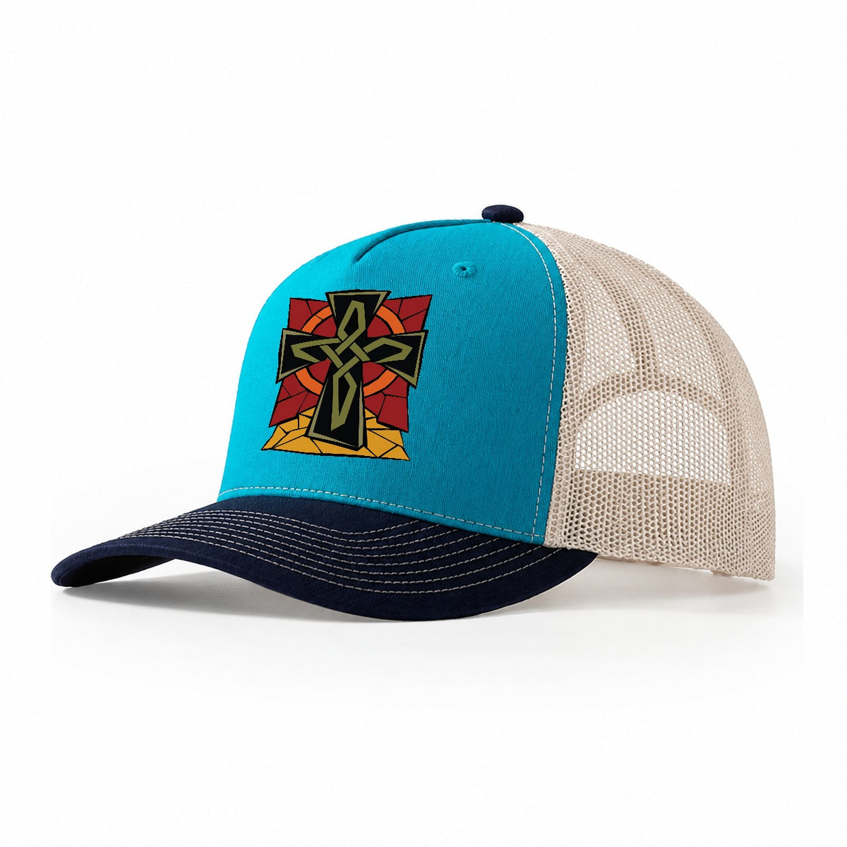 Celtic Cross Geometric Trucker Hat – Teal Navy