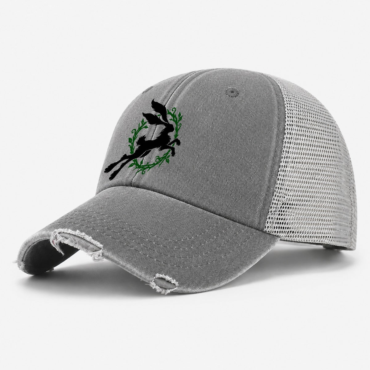 Celtic Hare Familiar Witch Magic Washed Trucker Hat – Grey