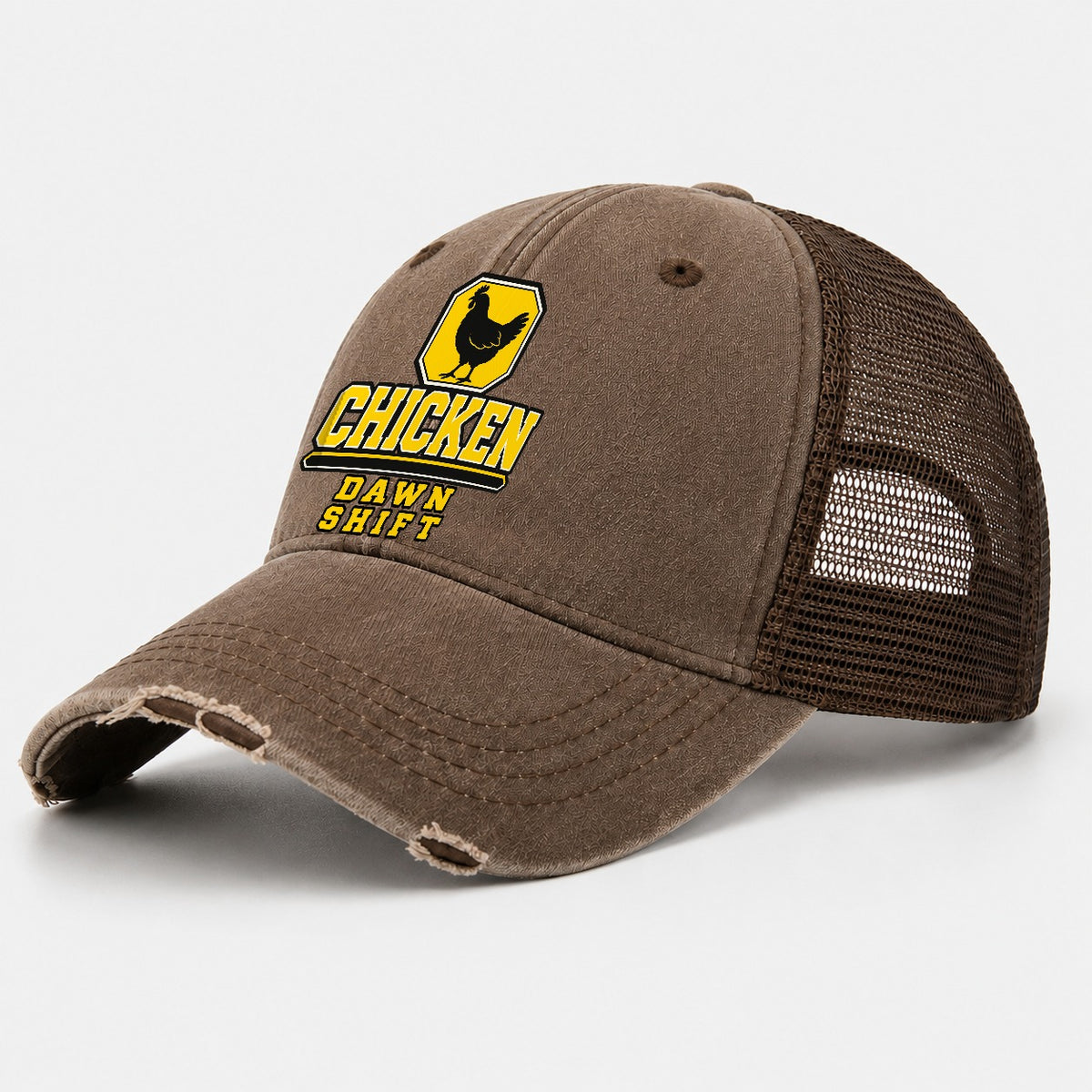 Chicken Dawn Shift Heavy Duty Washed Trucker Hat – Coffee