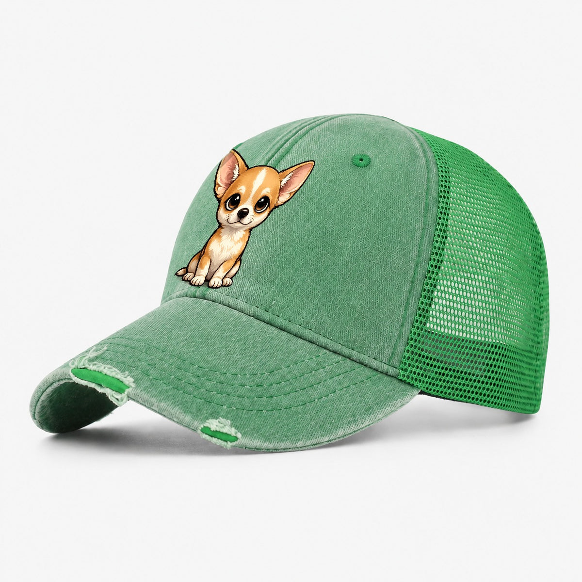 Chihuahua Sitting Sweetheart Washed Trucker Hat – Ink Green