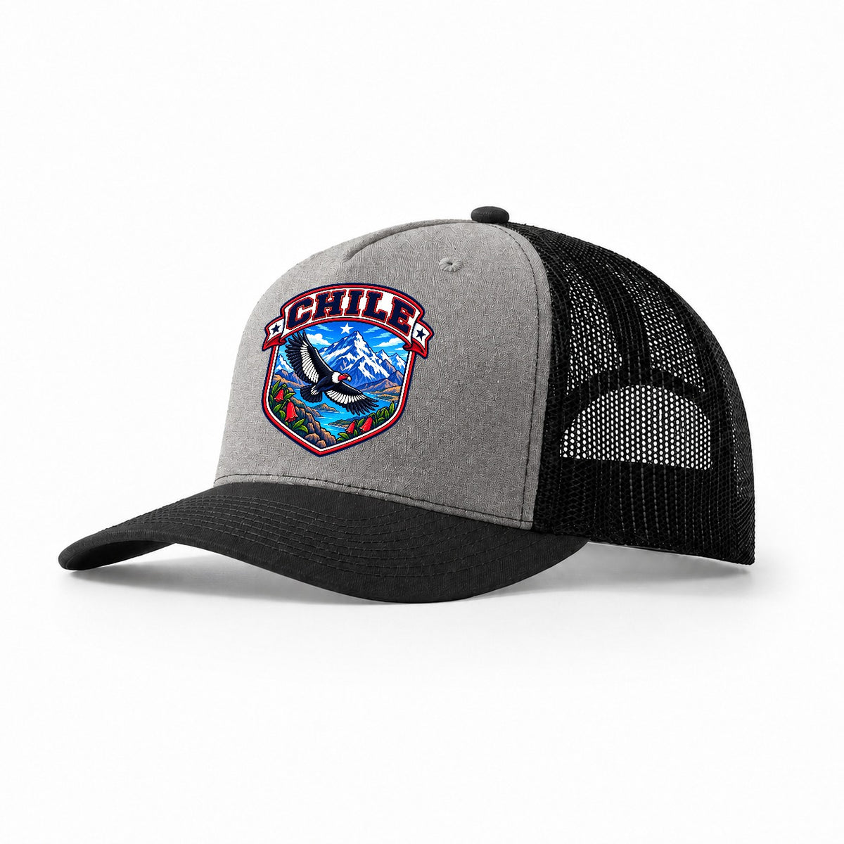 Chile Retro Badge Country Logos Trucker Hat – Grey Black