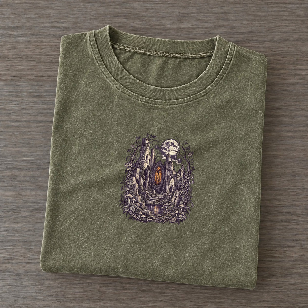 Church Ruins Stained Glass Midnight Haunt Vintage T-shirt – Army Green