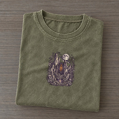 Church Ruins Stained Glass Midnight Haunt Vintage T-shirt – Army Green