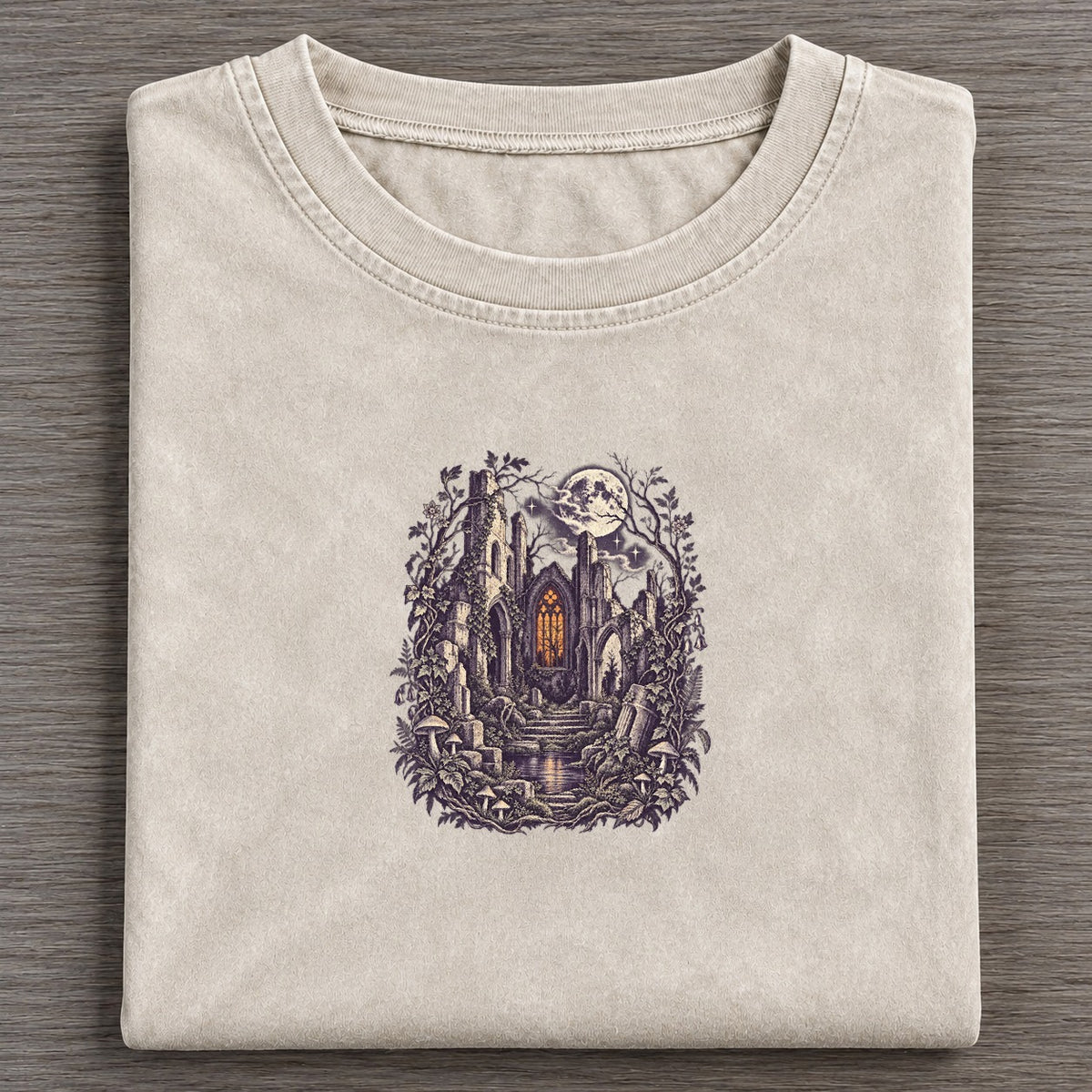 Church Ruins Stained Glass Midnight Haunt Vintage T-shirt – Off White
