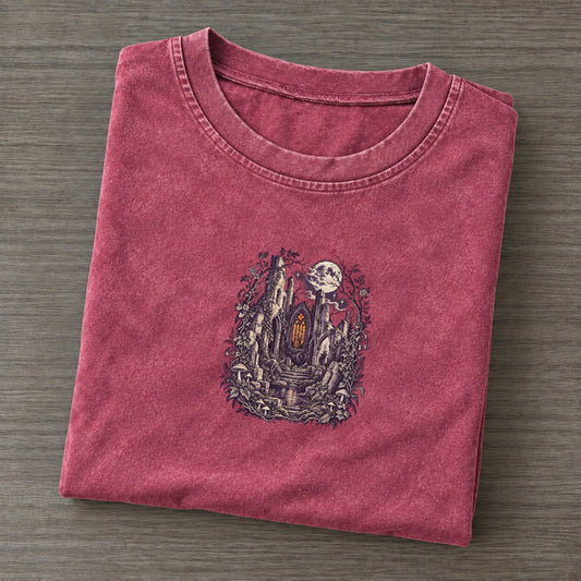 Church Ruins Stained Glass Midnight Haunt Vintage T-shirt – Raspberry
