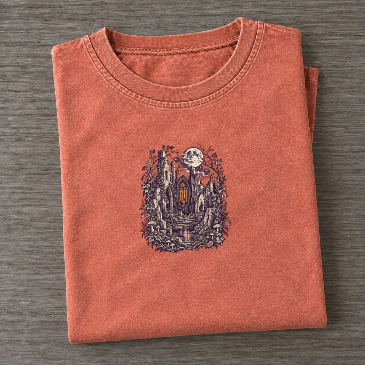 Church Ruins Stained Glass Midnight Haunt Vintage T-shirt – Terracotta