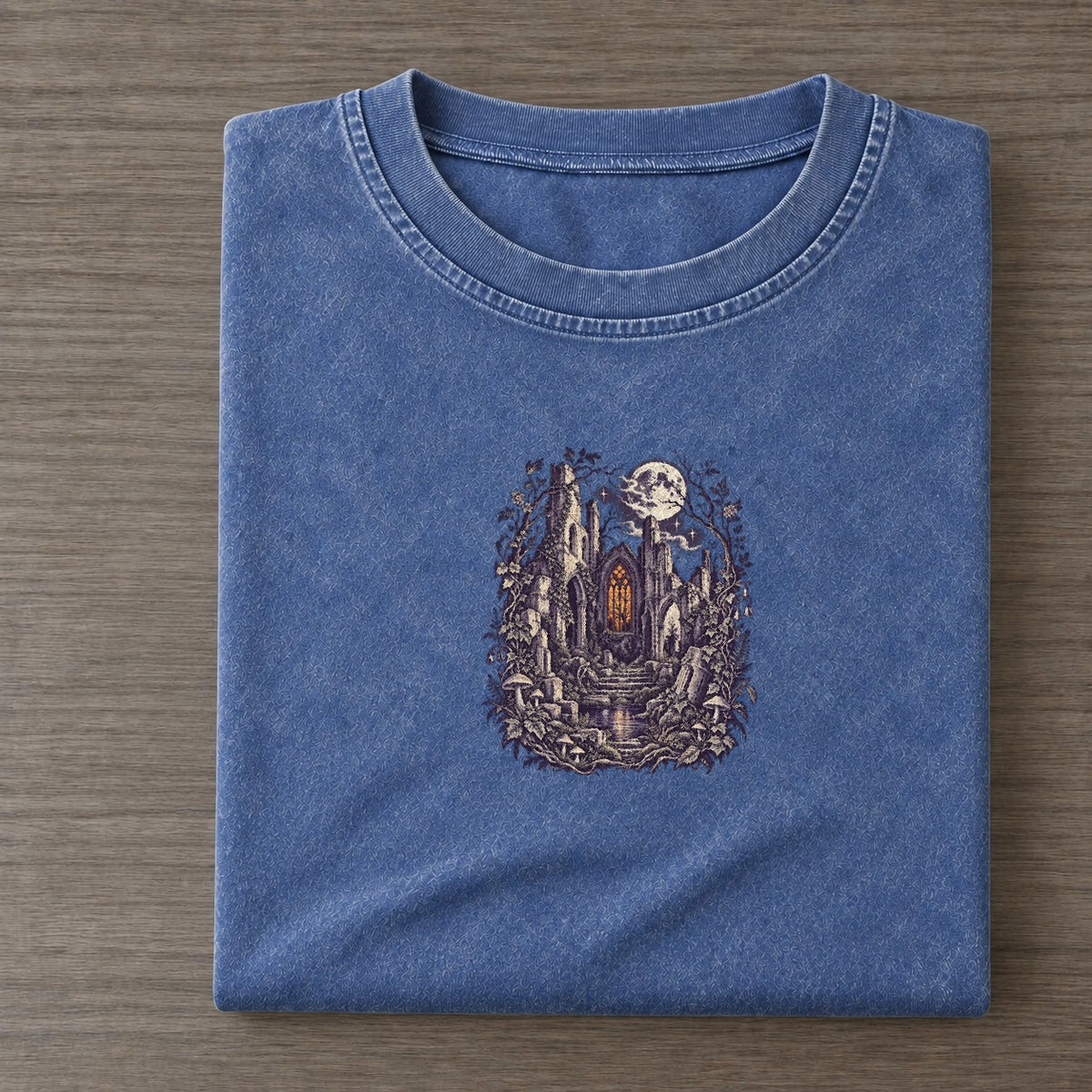 Church Ruins Stained Glass Midnight Haunt Vintage T-shirt – Washed Blue