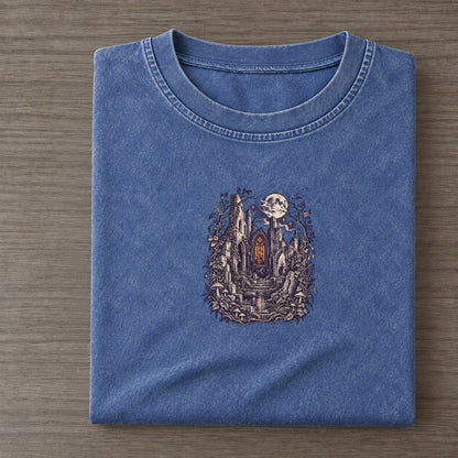 Church Ruins Stained Glass Midnight Haunt Vintage T-shirt – Washed Blue