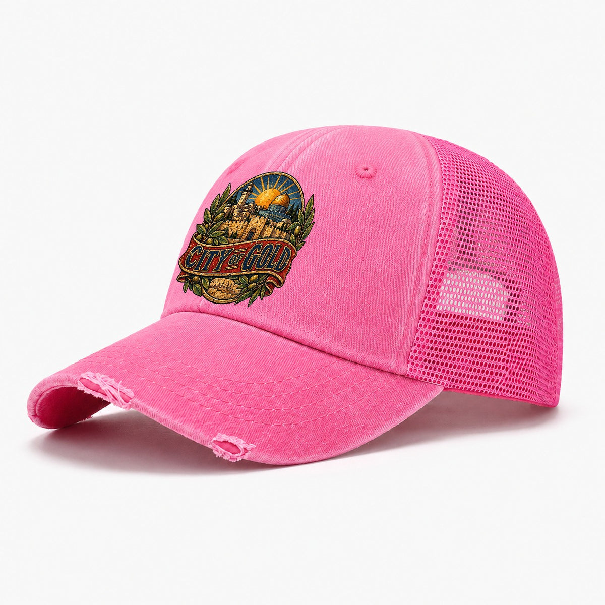 City Of Gold Lettering Jerusalem Washed Trucker Hat – Rose