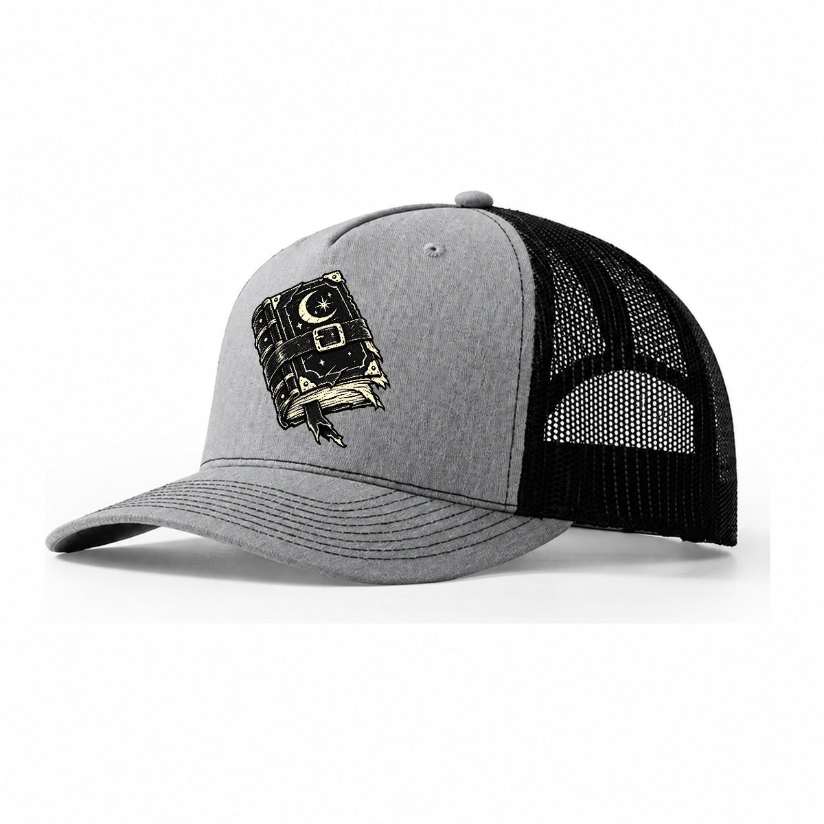 Clasped Spellbook Witch Magic Trucker Hat – Sport Grey Black