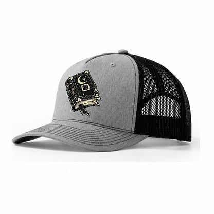 Clasped Spellbook Witch Magic Trucker Hat – Sport Grey Black