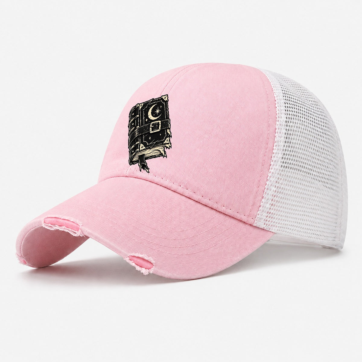 Clasped Spellbook Witch Magic Washed Trucker Hat – Light Pink