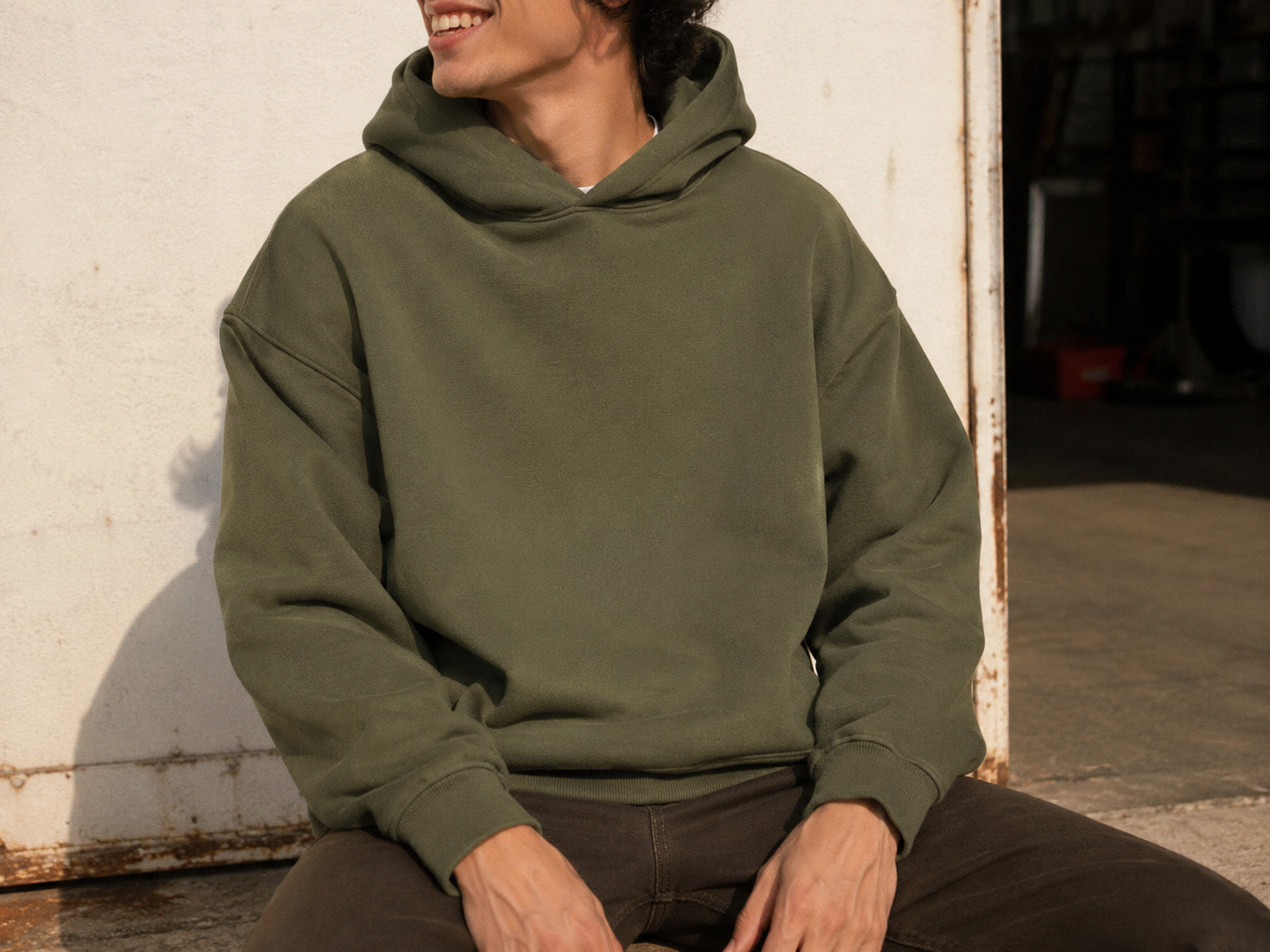 Pandaize classic pullover hoodie — model wearing blank garment