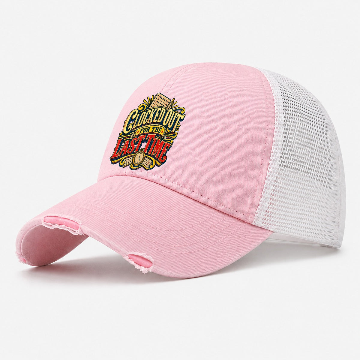 Clocked Out For The Last Time Retired Living Washed Trucker Hat – Light Pink
