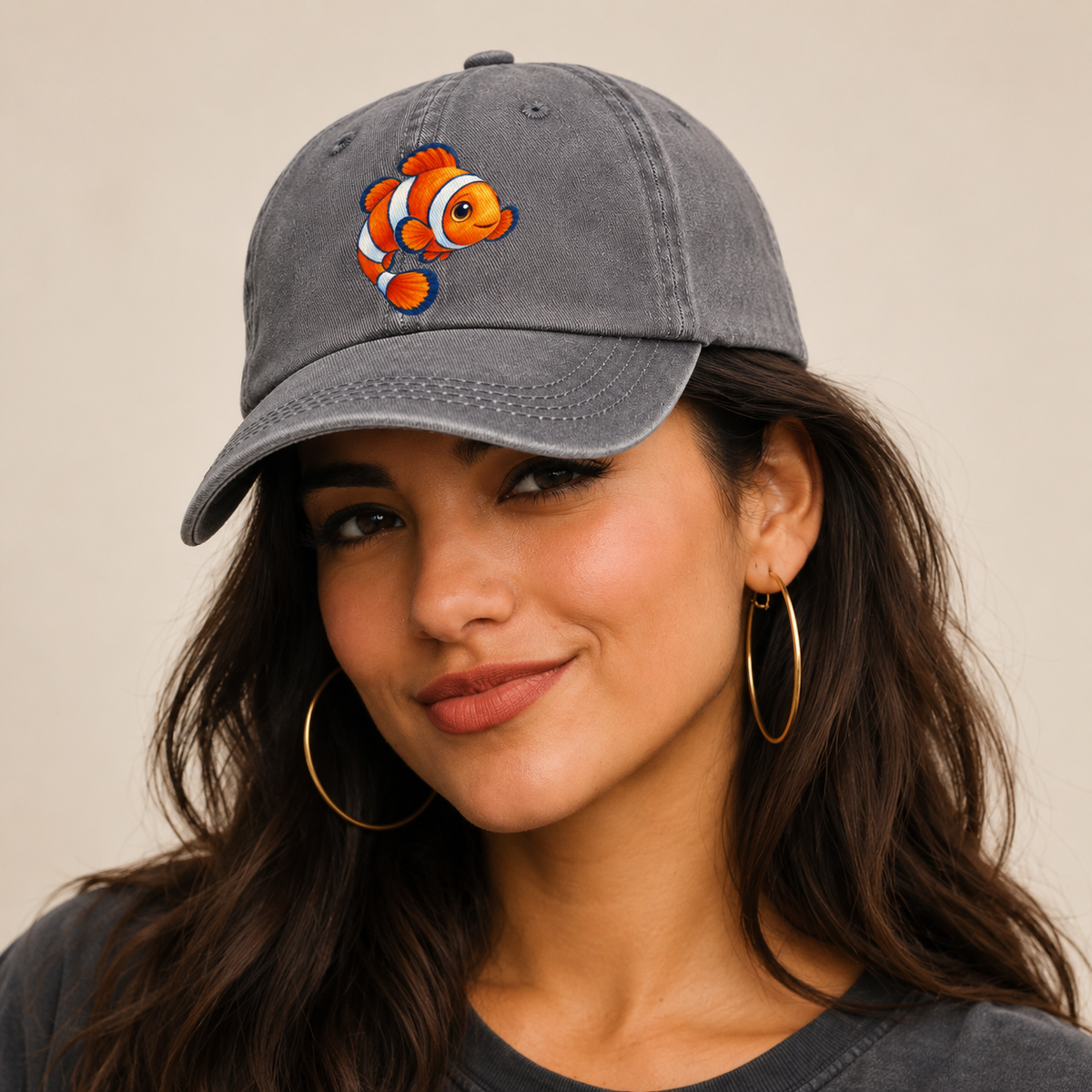 Clownfish Crescent Swim Sea Sprite Classic Cap — studio model wearing the hat