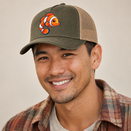 Clownfish Crescent Swim Sea Sprite Trucker Hat — studio model wearing the hat