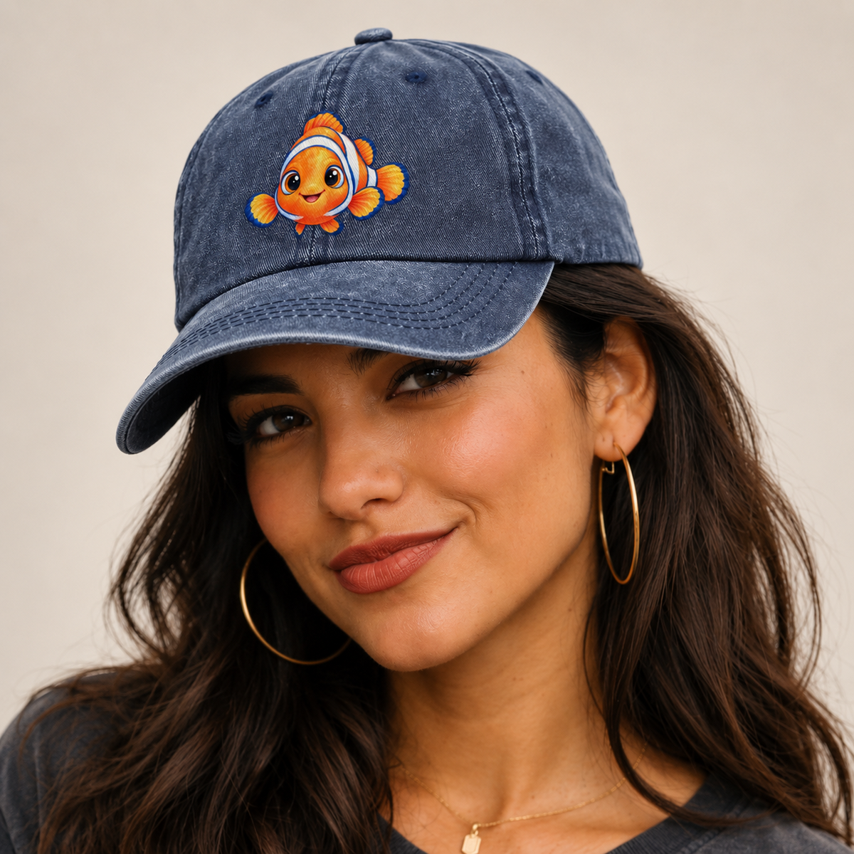 Clownfish Symmetric Hello Sea Sprite Classic Cap — studio model wearing the hat