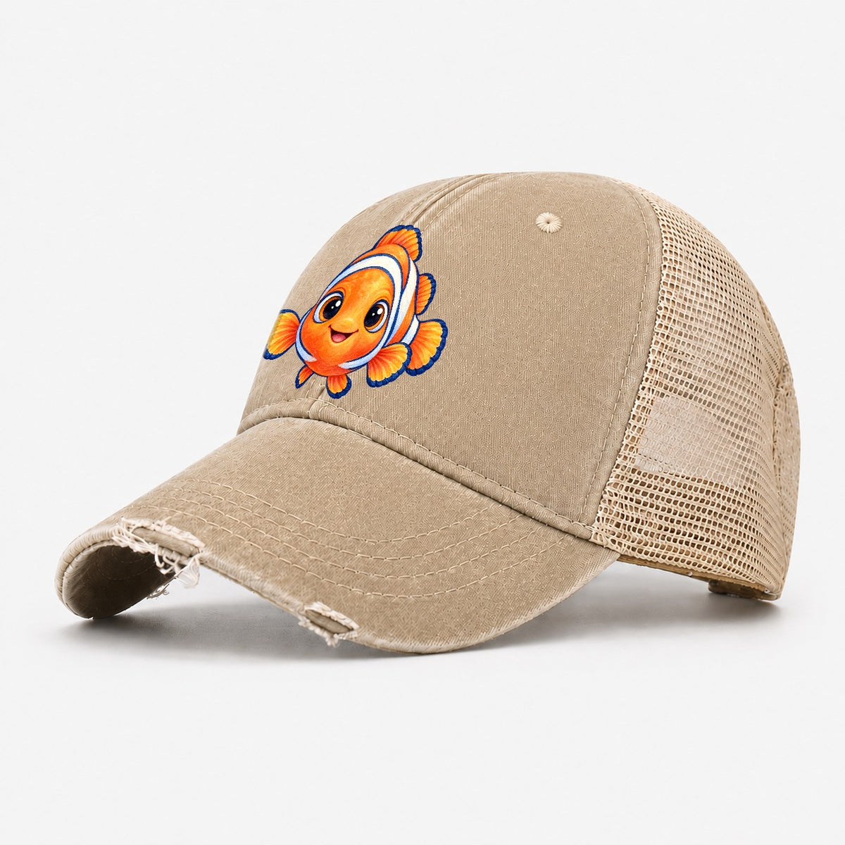 Clownfish Symmetric Hello Sea Sprite Washed Trucker Hat – Khaki