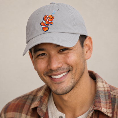 Clownfish Upward Flick Sea Sprite Baseball Cap — studio model wearing the hat