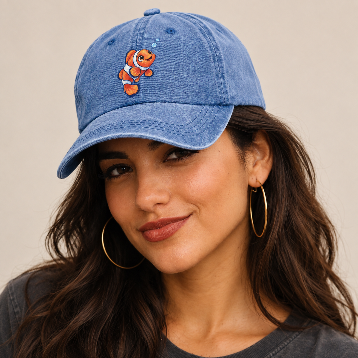 Clownfish Upward Flick Sea Sprite Classic Cap — studio model wearing the hat