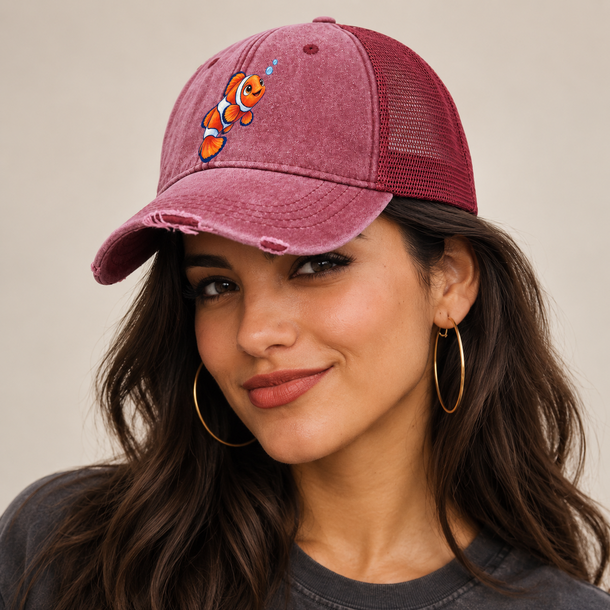 Clownfish Upward Flick Sea Sprite Washed Trucker Hat — studio model wearing the hat