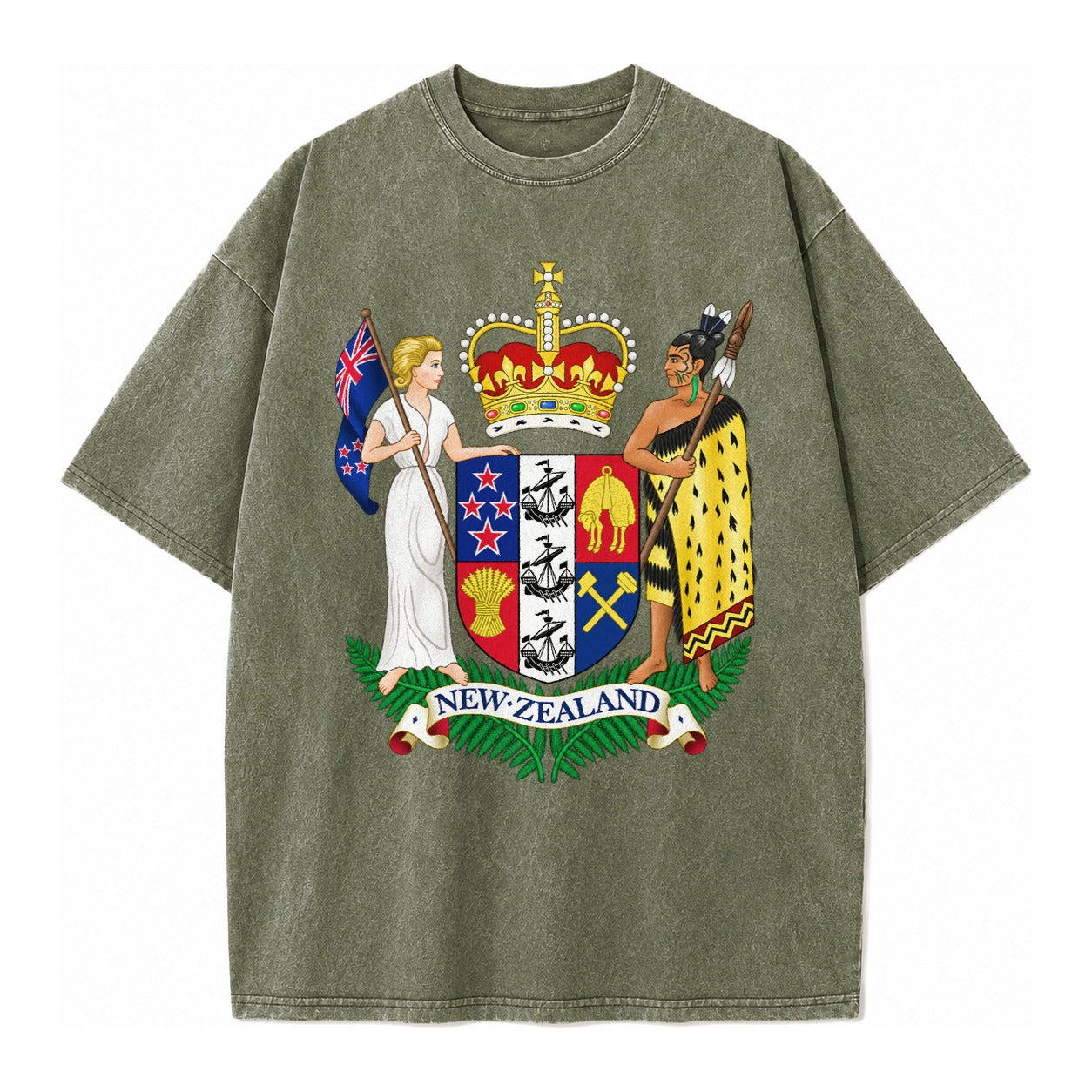 Coat Of Arms Of New Zealand - Vintage T-shirt – Army Green