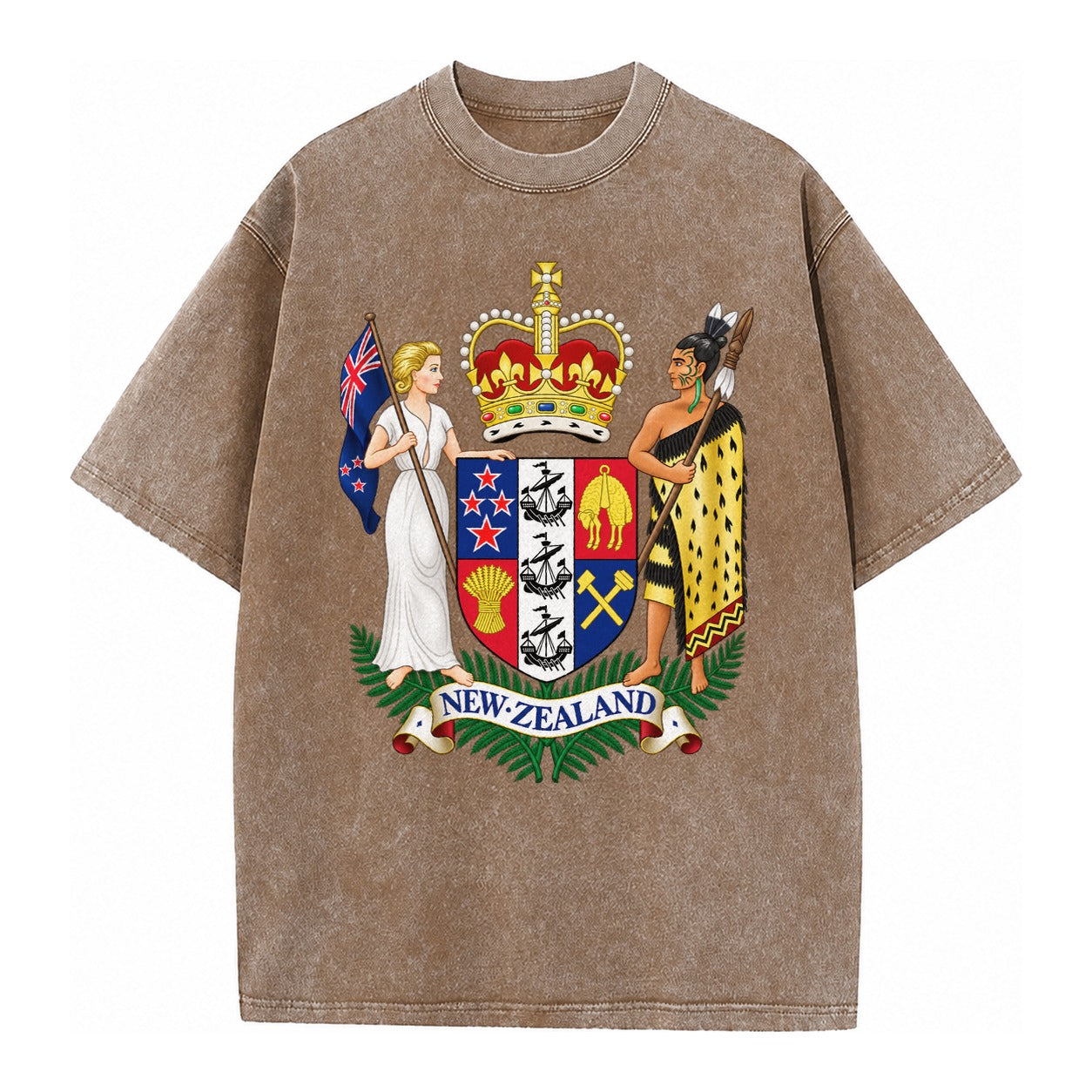 Coat Of Arms Of New Zealand - Vintage T-shirt – Brown