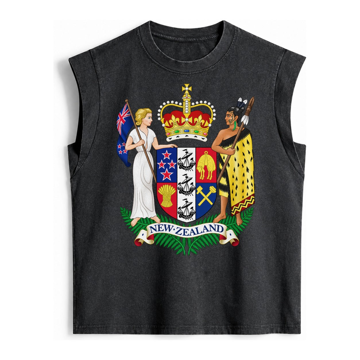 Coat Of Arms Of New Zealand - Vintage Washed Tank – Black