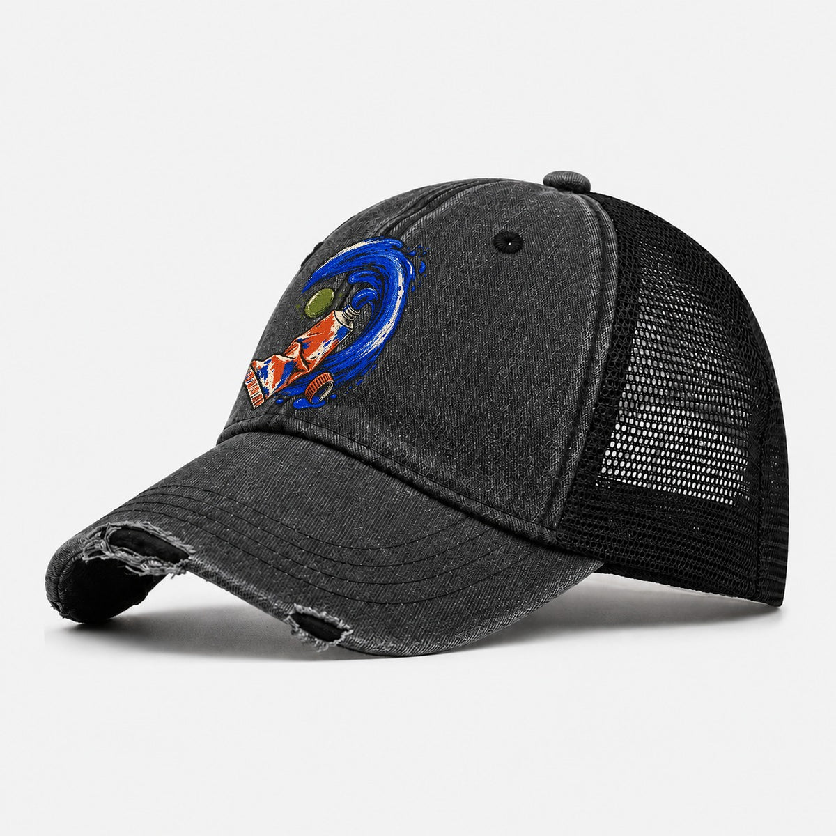 Cobalt Brush Wave Clay Color Makers Washed Trucker Hat – Black