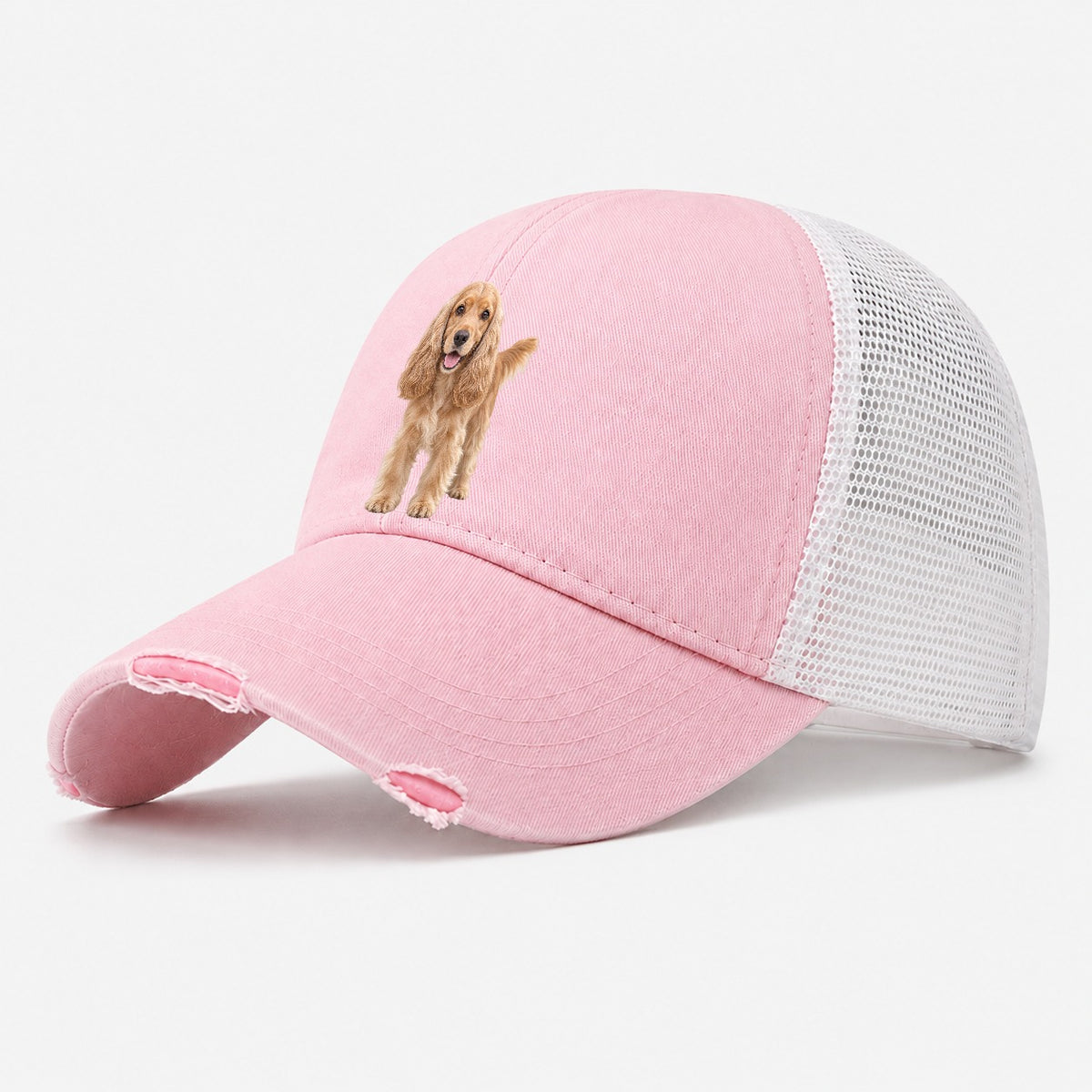 Cocker Spaniel Standing Top Breeds Washed Trucker Hat – Light Pink