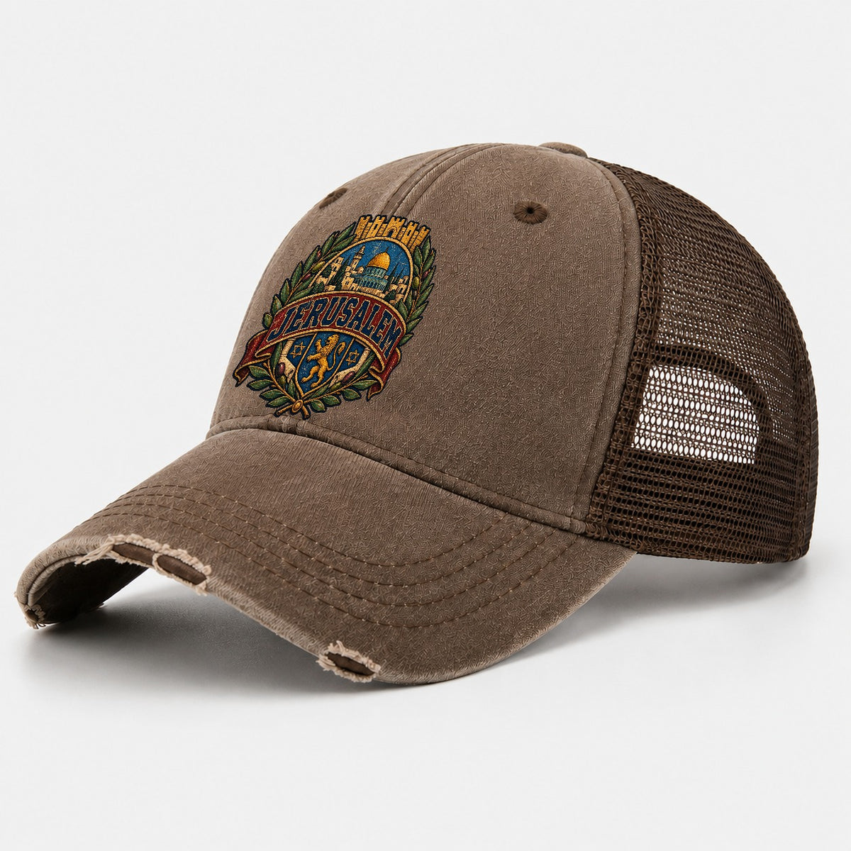 Collegiate Jerusalem Crest Jerusalem Washed Trucker Hat – Coffee
