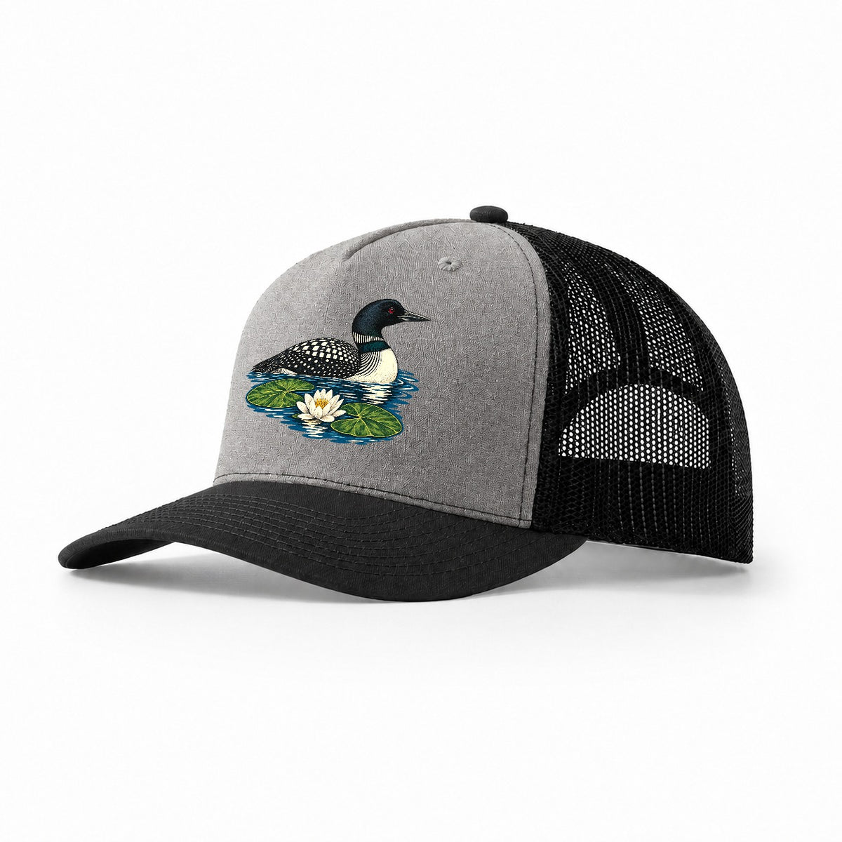 Common Loon And Water Lilies Canada Cultural Icons Trucker Hat – Grey Black