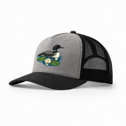 Common Loon And Water Lilies Canada Cultural Icons Trucker Hat – Grey Black