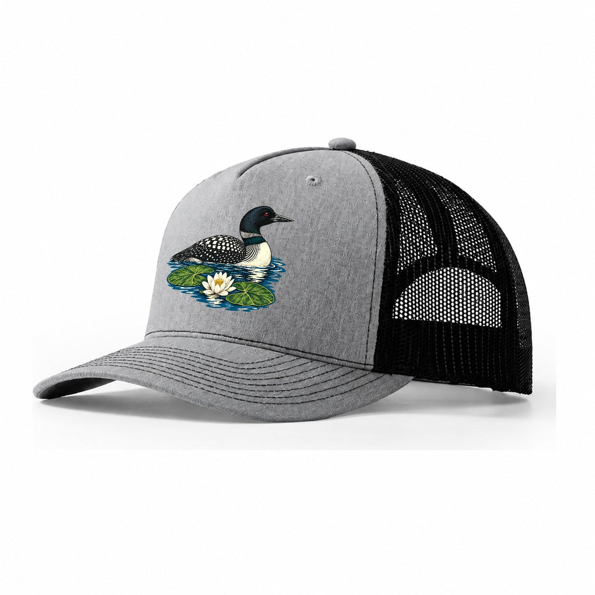 Common Loon And Water Lilies Canada Cultural Icons Trucker Hat – Sport Grey Black