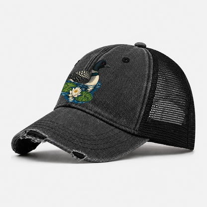 Common Loon And Water Lilies Canada Cultural Icons Washed Trucker Hat – Black