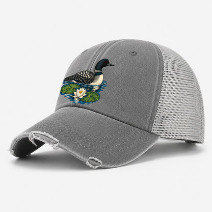 Common Loon And Water Lilies Canada Cultural Icons Washed Trucker Hat – Grey