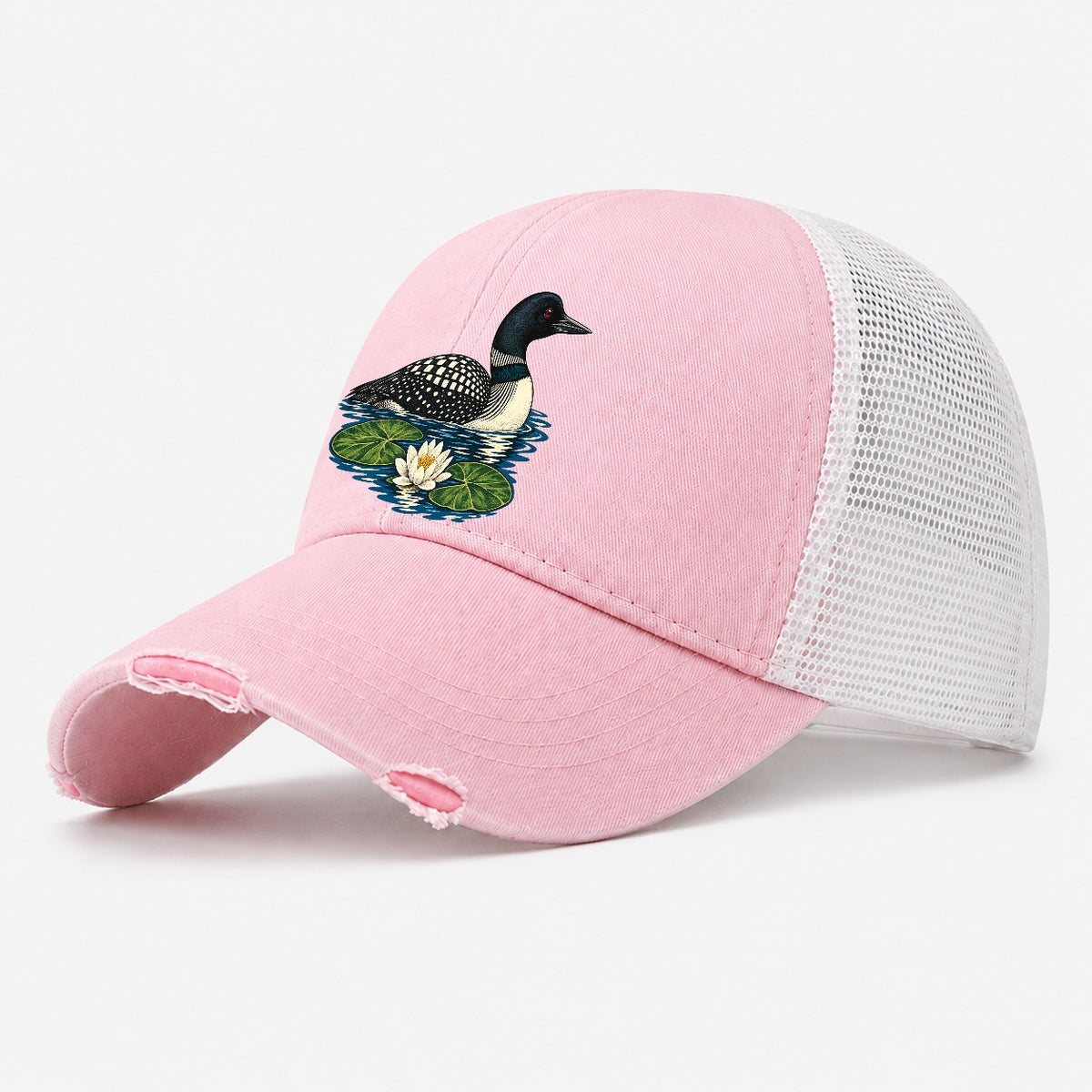 Common Loon And Water Lilies Canada Cultural Icons Washed Trucker Hat – Light Pink