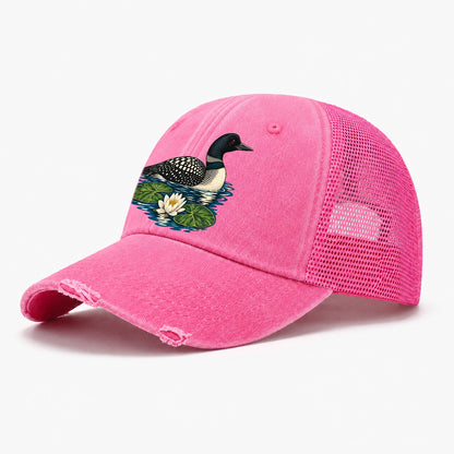 Common Loon And Water Lilies Canada Cultural Icons Washed Trucker Hat – Rose