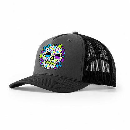 Confetti Skull Crazy Styles Trucker Hat – Dark Grey Black