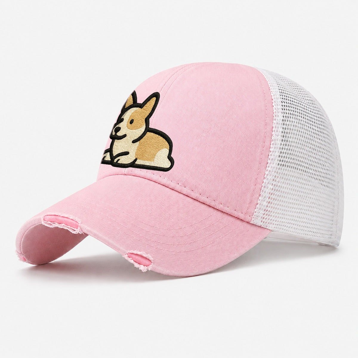 Corgi Sploot Lying Position Washed Trucker Hat – Light Pink