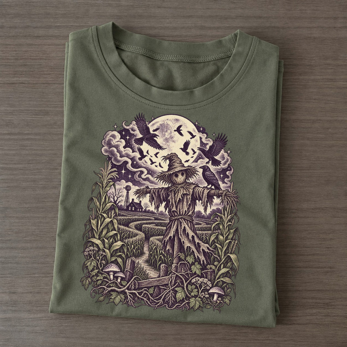 Cornfield Scarecrow Crows Midnight Haunt Classic T-shirt – Army Green