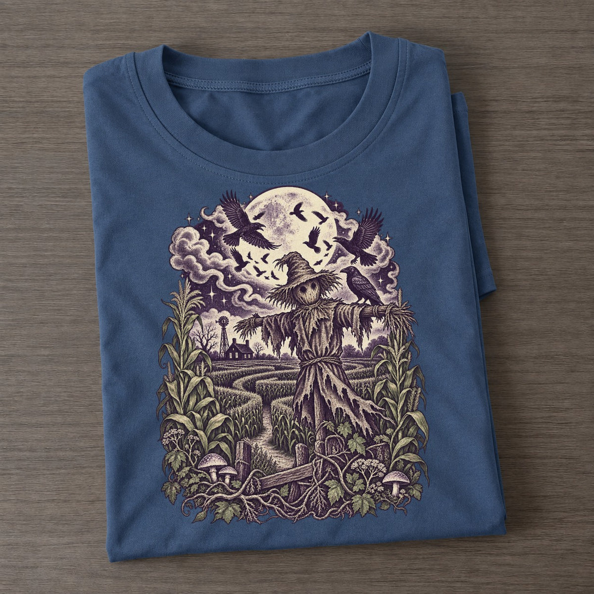 Cornfield Scarecrow Crows Midnight Haunt Classic T-shirt – Twilight Navy