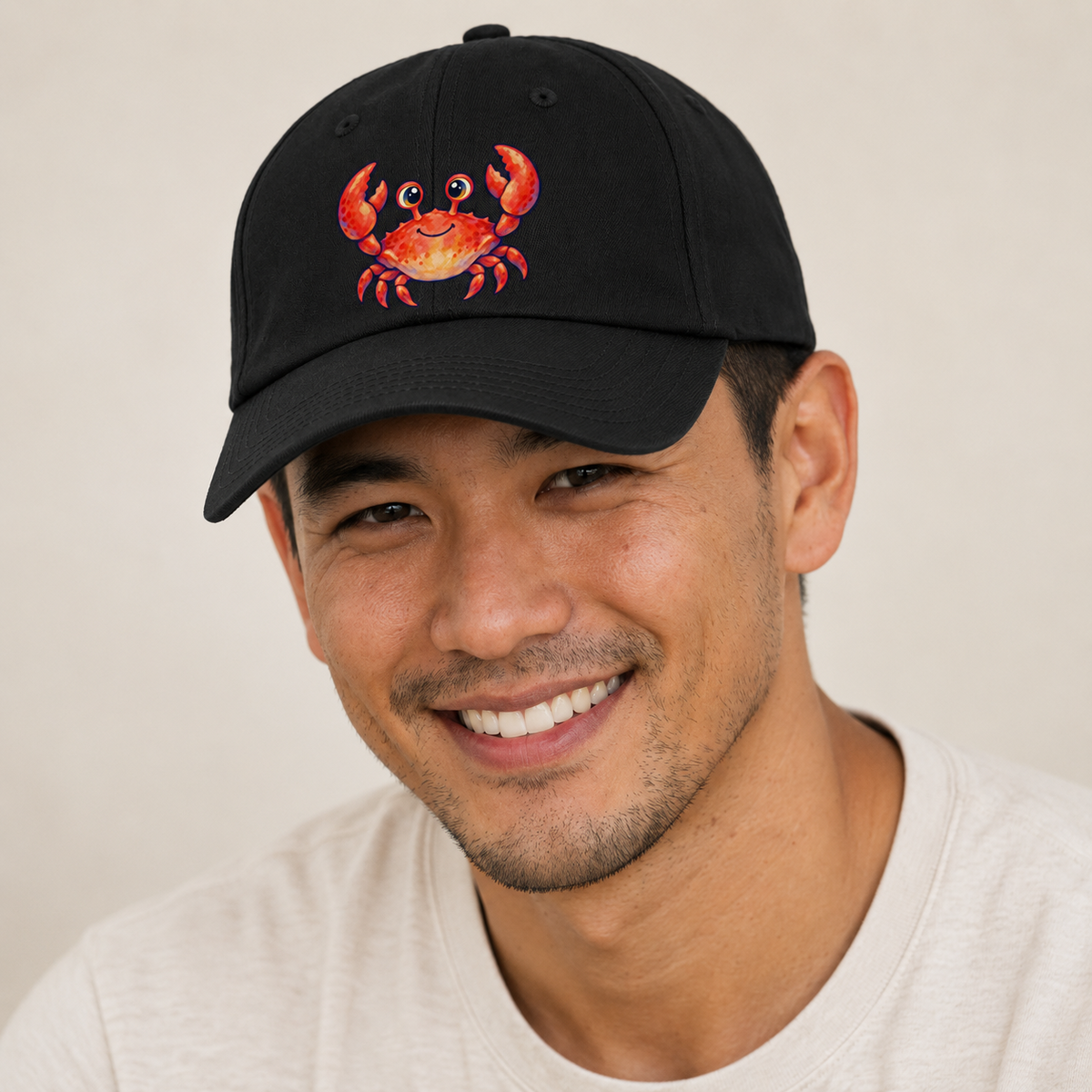 Crab Front Claw Hello Sea Sprite Baseball Cap — studio model wearing the hat