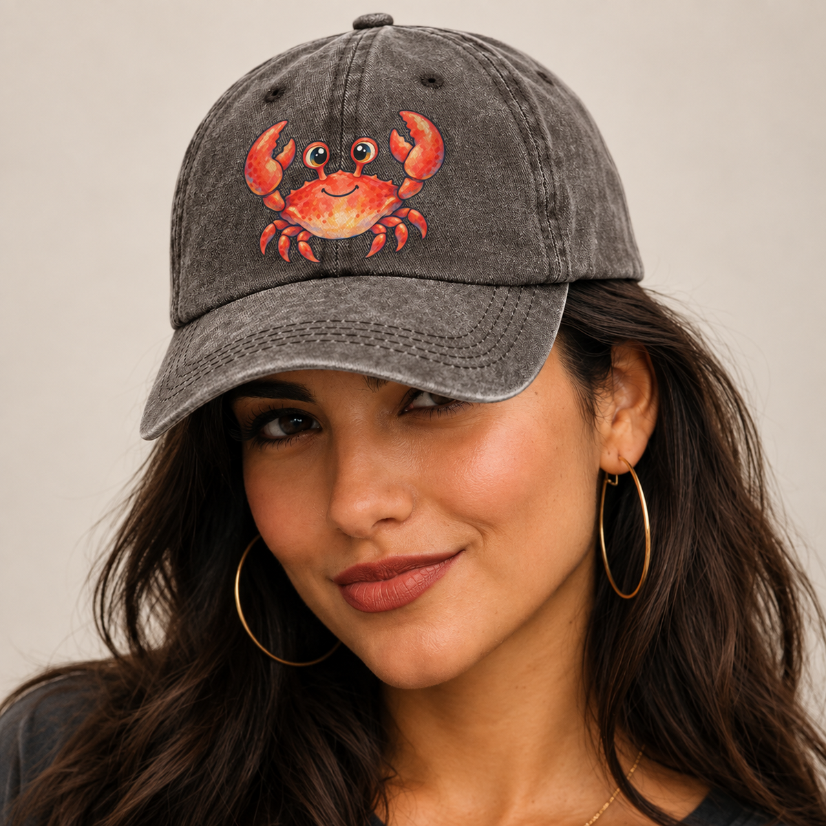 Crab Front Claw Hello Sea Sprite Classic Cap — studio model wearing the hat