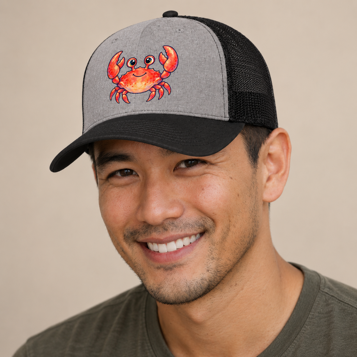 Crab Front Claw Hello Sea Sprite Trucker Hat — studio model wearing the hat