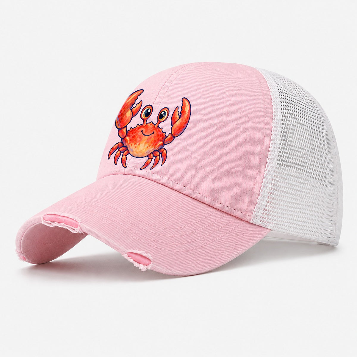 Crab Front Claw Hello Sea Sprite Washed Trucker Hat – Light Pink
