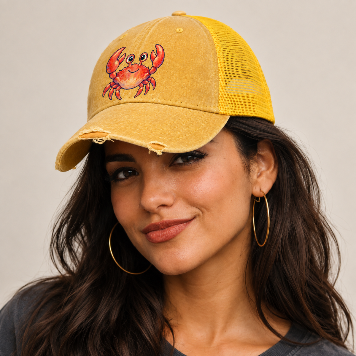 Crab Front Claw Hello Sea Sprite Washed Trucker Hat — studio model wearing the hat