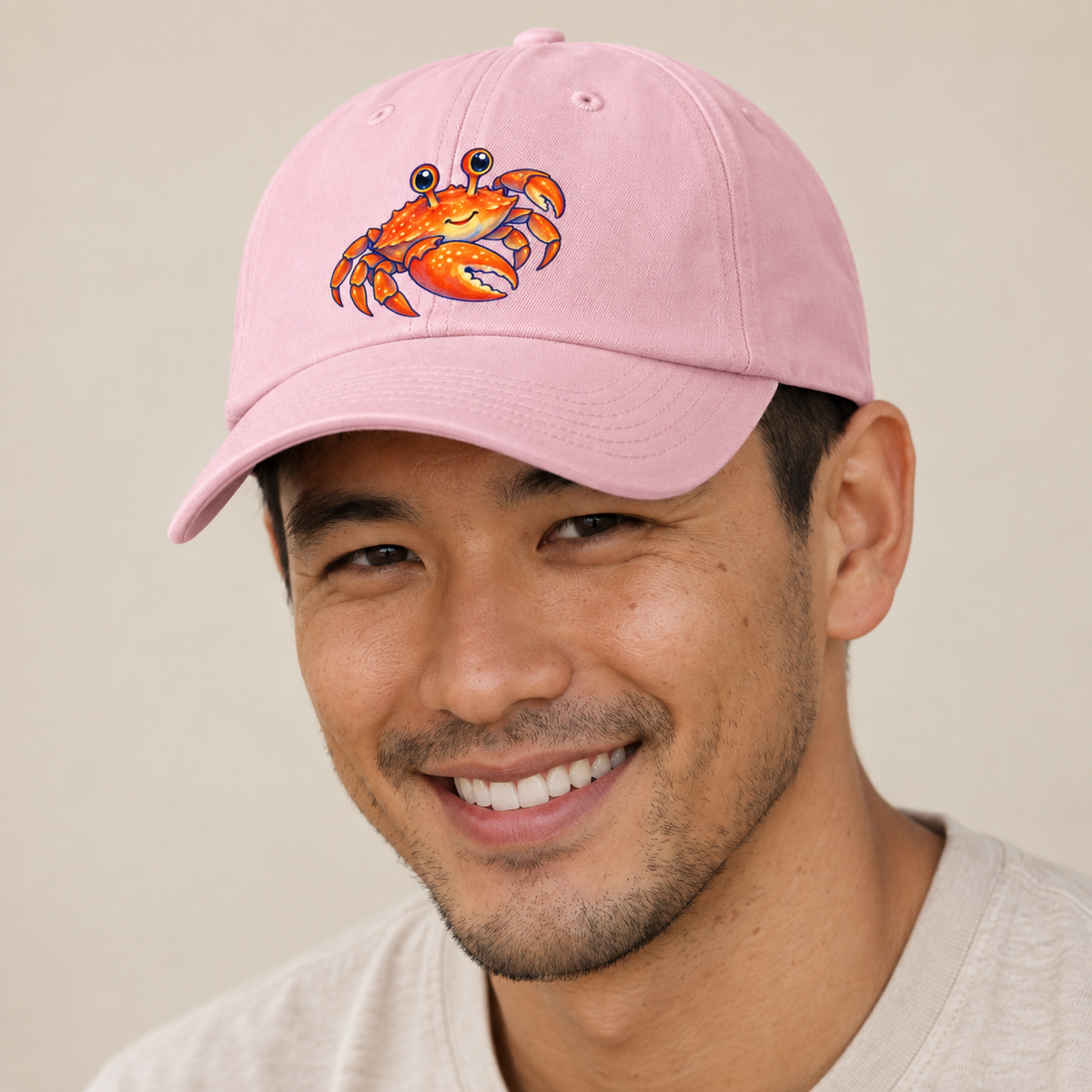 Crab Side Scuttle Sea Sprite Baseball Cap — studio model wearing the hat
